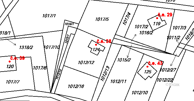 Kundratice 38, Hlinná na parcele st. 124 v KÚ Tlučeň, Katastrální mapa