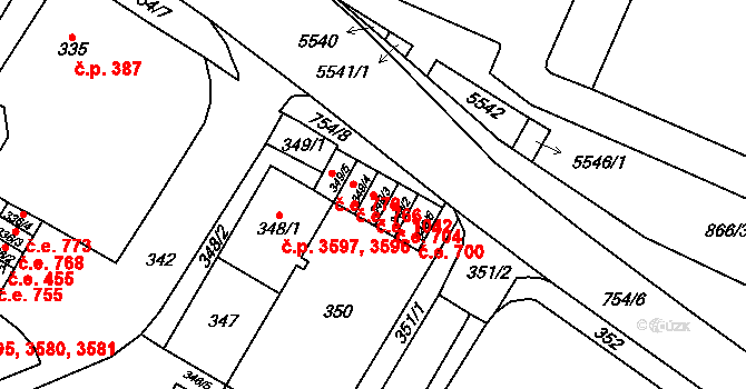 Chomutov 1042 na parcele st. 349/3 v KÚ Chomutov I, Katastrální mapa