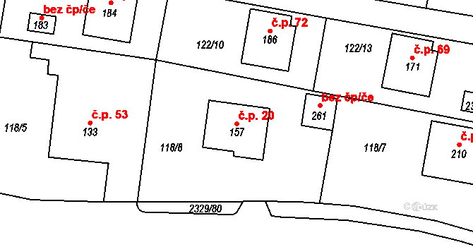 Petroupim 20 na parcele st. 157 v KÚ Petroupim, Katastrální mapa