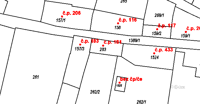 Vranov nad Dyjí 181 na parcele st. 283 v KÚ Vranov nad Dyjí, Katastrální mapa