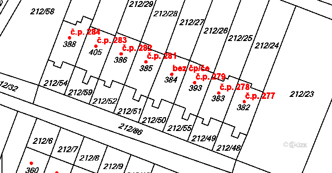 Všeruby 280 na parcele st. 384 v KÚ Všeruby u Plzně, Katastrální mapa
