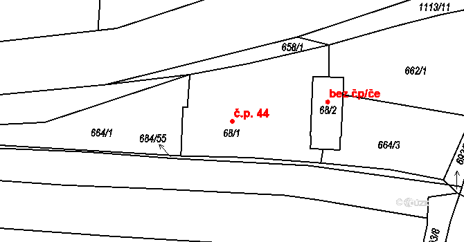 Chotiná 44, Hromnice na parcele st. 68/1 v KÚ Chotiná, Katastrální mapa