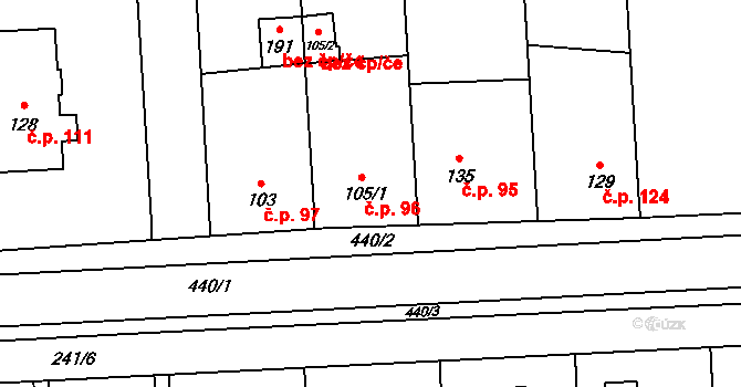 Víceměřice 96 na parcele st. 105/1 v KÚ Víceměřice, Katastrální mapa