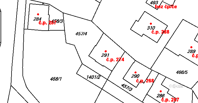 Vranov nad Dyjí 274 na parcele st. 291 v KÚ Vranov nad Dyjí, Katastrální mapa
