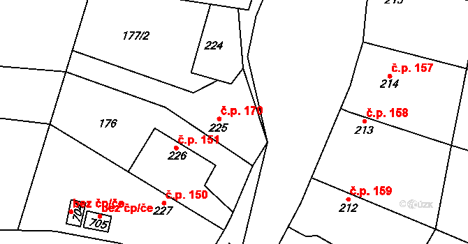 Rožďalovice 170 na parcele st. 225 v KÚ Rožďalovice, Katastrální mapa