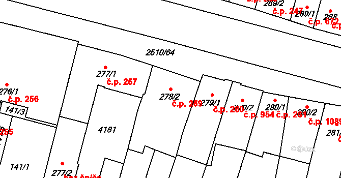 Kyjov 259 na parcele st. 278/2 v KÚ Kyjov, Katastrální mapa