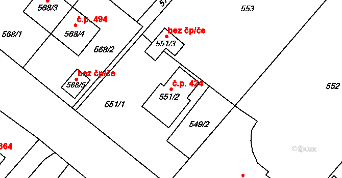 Krmelín 424 na parcele st. 551/2 v KÚ Krmelín, Katastrální mapa