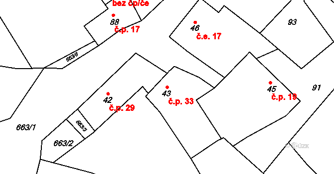Měšetice 33, Sedlec-Prčice na parcele st. 43 v KÚ Měšetice, Katastrální mapa