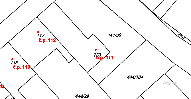 Holohlavy 111 na parcele st. 123 v KÚ Holohlavy, Katastrální mapa