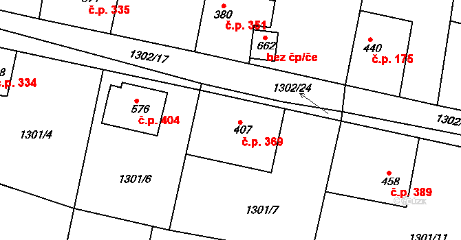 Hudlice 369 na parcele st. 407 v KÚ Hudlice, Katastrální mapa