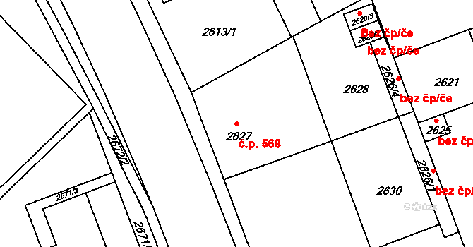 Hulín 568 na parcele st. 2627 v KÚ Hulín, Katastrální mapa