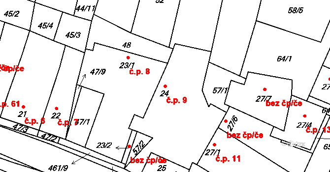 Třeboutice 9, Křešice na parcele st. 24 v KÚ Třeboutice, Katastrální mapa