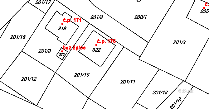 Vojice 176, Podhorní Újezd a Vojice na parcele st. 322 v KÚ Vojice, Katastrální mapa