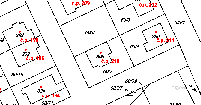 Kluk 210, Poděbrady na parcele st. 308 v KÚ Kluk, Katastrální mapa