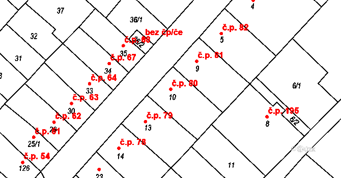 Bystřany 80 na parcele st. 10 v KÚ Bystřany, Katastrální mapa