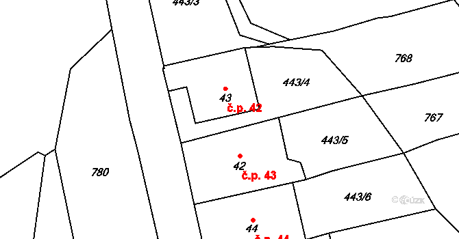 Šejby 42, Horní Stropnice na parcele st. 43 v KÚ Šejby, Katastrální mapa