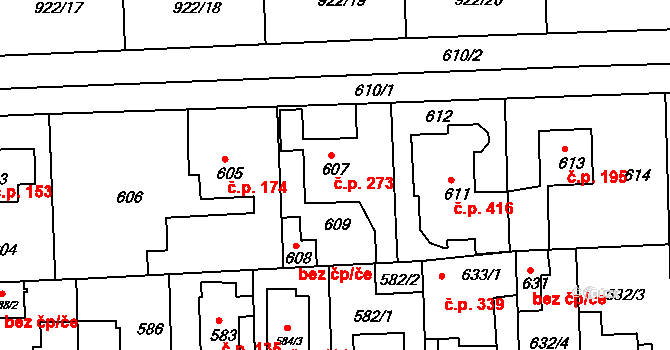 Písnice 273, Praha na parcele st. 607 v KÚ Písnice, Katastrální mapa
