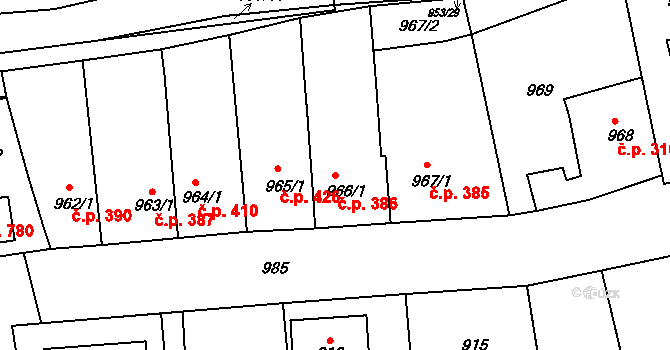 Vinoř 386, Praha na parcele st. 966/1 v KÚ Vinoř, Katastrální mapa
