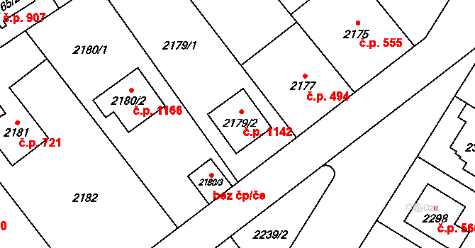 Radotín 1142, Praha na parcele st. 2179/2 v KÚ Radotín, Katastrální mapa