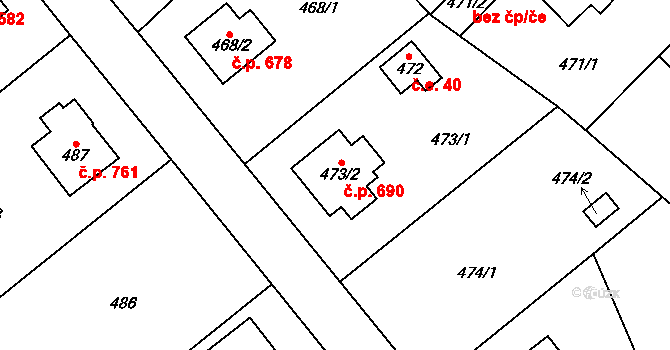 Kunratice 690, Praha na parcele st. 473/2 v KÚ Kunratice, Katastrální mapa