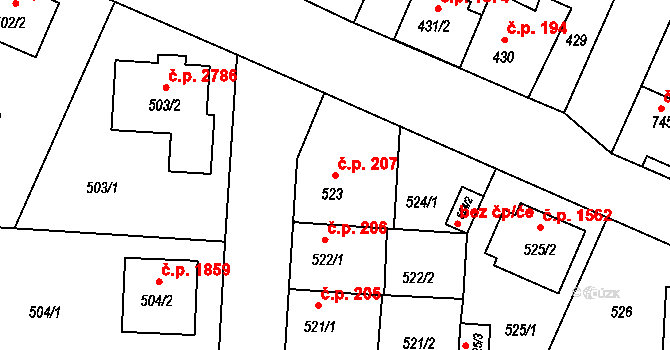 České Budějovice 5 207, České Budějovice na parcele st. 523 v KÚ České Budějovice 5, Katastrální mapa