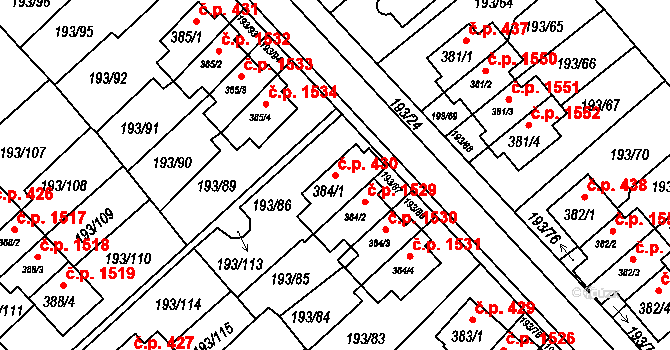 Sezimovo Ústí 430 na parcele st. 384/1 v KÚ Sezimovo Ústí, Katastrální mapa
