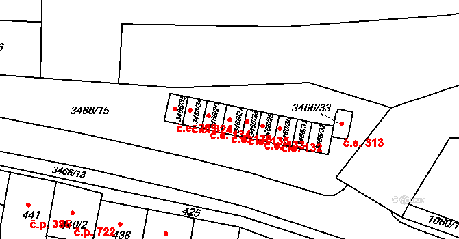 Střelice 138 na parcele st. 3466/27 v KÚ Střelice u Brna, Katastrální mapa