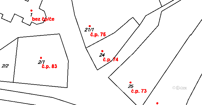 Malešovice 74 na parcele st. 24 v KÚ Malešovice, Katastrální mapa