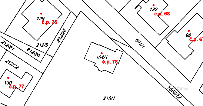 Vílanec 78 na parcele st. 104/1 v KÚ Vílanec, Katastrální mapa