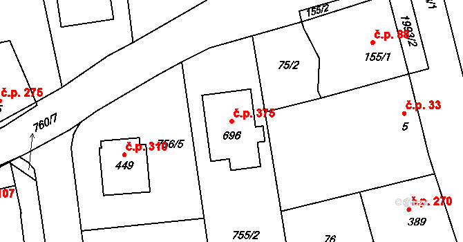 Louky 375, Zlín na parcele st. 696 v KÚ Louky nad Dřevnicí, Katastrální mapa