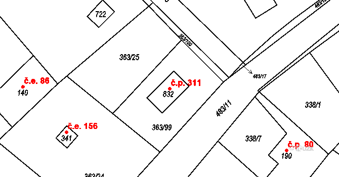 Řež 311, Husinec na parcele st. 832 v KÚ Husinec u Řeže, Katastrální mapa