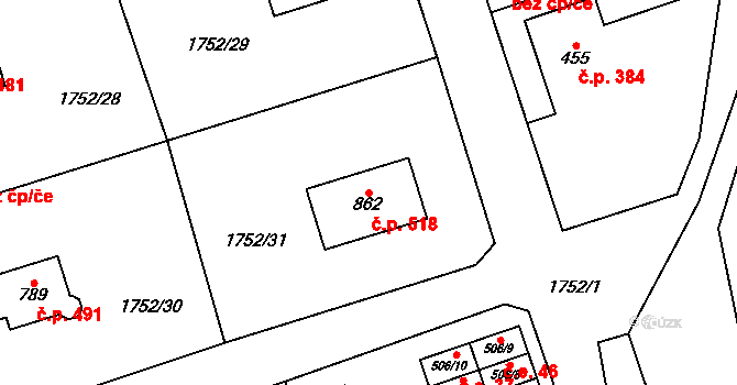Libouchec 518 na parcele st. 862 v KÚ Libouchec, Katastrální mapa