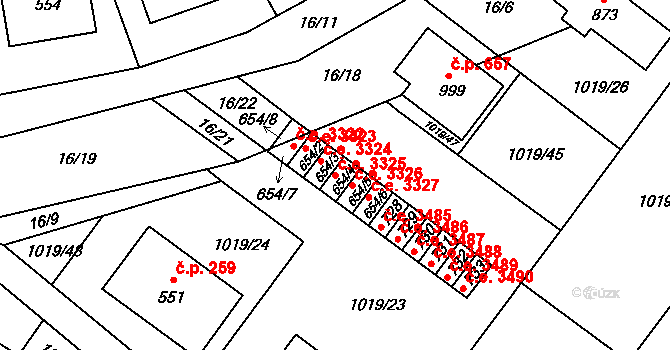Kudlov 3325, Zlín na parcele st. 654/4 v KÚ Kudlov, Katastrální mapa