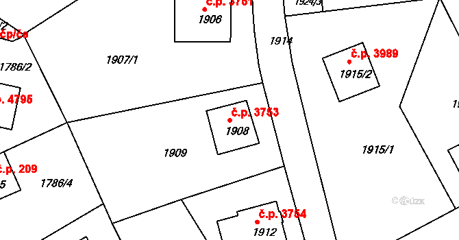 Mšeno nad Nisou 3753, Jablonec nad Nisou na parcele st. 1908 v KÚ Mšeno nad Nisou, Katastrální mapa
