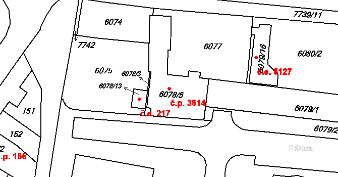 Prostějov 3614 na parcele st. 6078/5 v KÚ Prostějov, Katastrální mapa