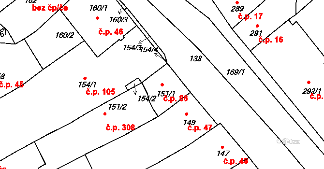 Bystřice nad Pernštejnem 86 na parcele st. 151/1 v KÚ Bystřice nad Pernštejnem, Katastrální mapa