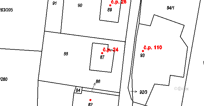 Hvozdná 24 na parcele st. 87 v KÚ Hvozdná, Katastrální mapa