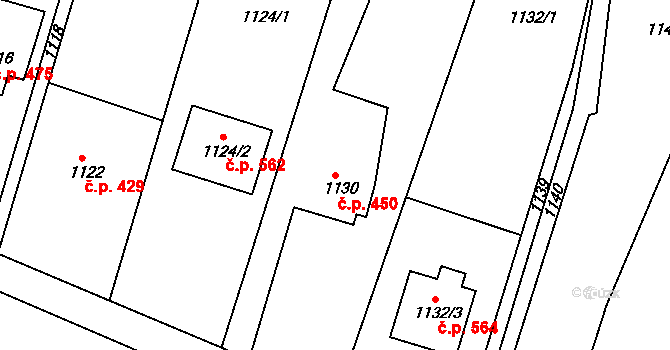Želechovice nad Dřevnicí 450 na parcele st. 1130 v KÚ Želechovice nad Dřevnicí, Katastrální mapa