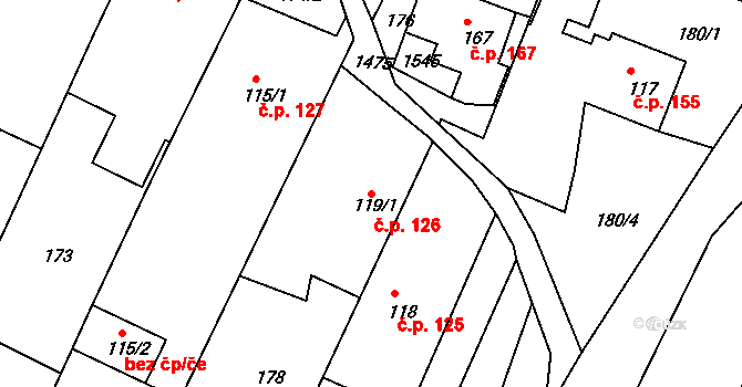 Mokré Lazce 126 na parcele st. 119/1 v KÚ Mokré Lazce, Katastrální mapa