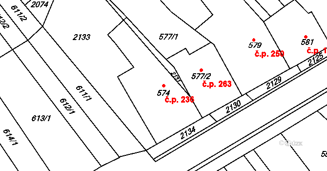 Chylice 236, Ostrožská Nová Ves na parcele st. 574 v KÚ Chylice, Katastrální mapa