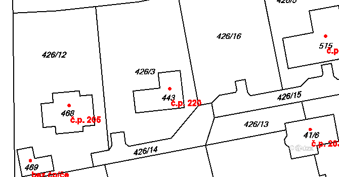 Smrkovice 220, Písek na parcele st. 443 v KÚ Smrkovice, Katastrální mapa