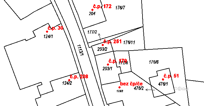 Hrochův Týnec 251 na parcele st. 203/2 v KÚ Hrochův Týnec, Katastrální mapa