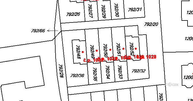 Vejprnice 1031 na parcele st. 792/49 v KÚ Vejprnice, Katastrální mapa