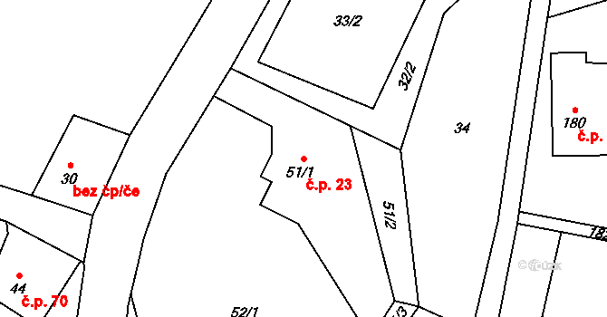 Dolní Žukov 23, Český Těšín na parcele st. 51/1 v KÚ Dolní Žukov, Katastrální mapa