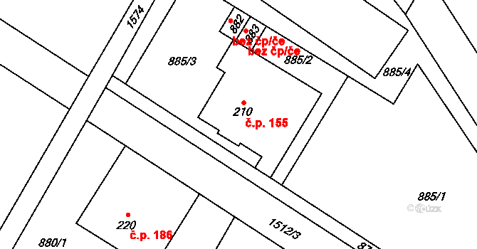 Hanušovice 155 na parcele st. 210 v KÚ Hanušovice, Katastrální mapa