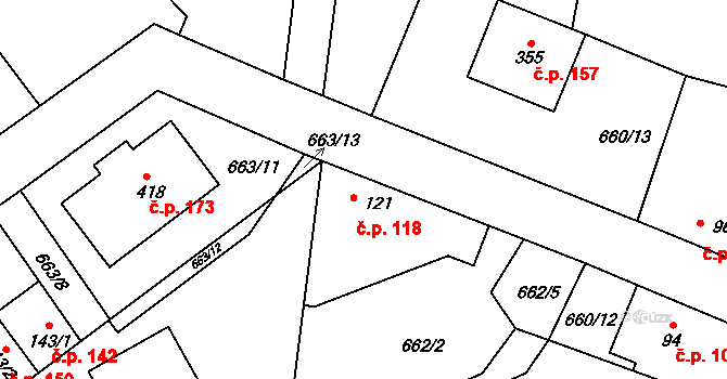 Kozly 118, Tišice na parcele st. 121 v KÚ Kozly u Tišic, Katastrální mapa