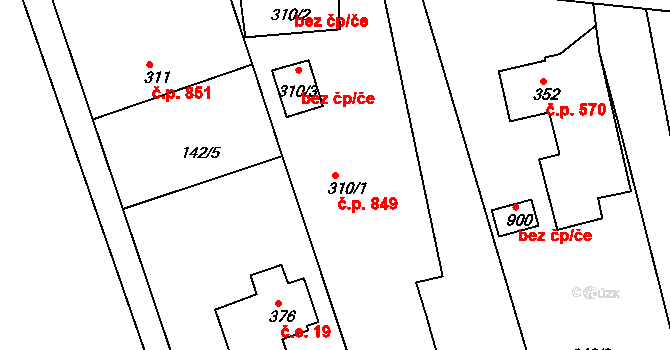 Rudná 849 na parcele st. 310/1 v KÚ Hořelice, Katastrální mapa