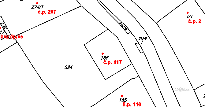Pocinovice 117 na parcele st. 186 v KÚ Pocinovice, Katastrální mapa