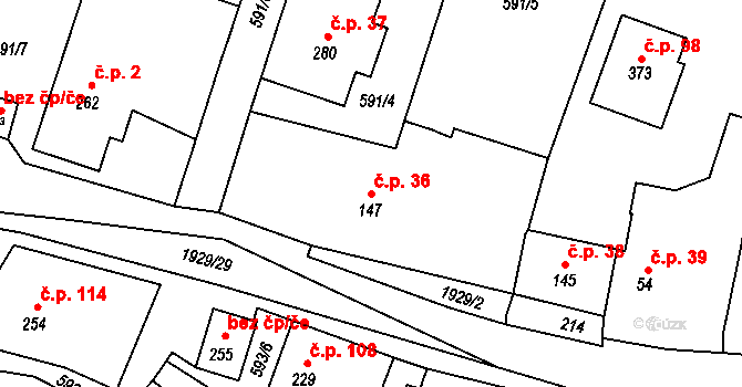 Tlumačov 36 na parcele st. 147 v KÚ Tlumačov u Domažlic, Katastrální mapa