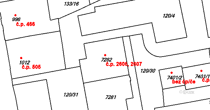 Zelené Předměstí 2606,2607, Pardubice na parcele st. 7282 v KÚ Pardubice, Katastrální mapa
